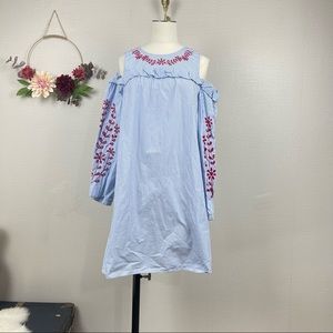 Cupio Women Cold Shoulder Cut Ruffle Trim Blue Stripe Cotton Dress size Medium